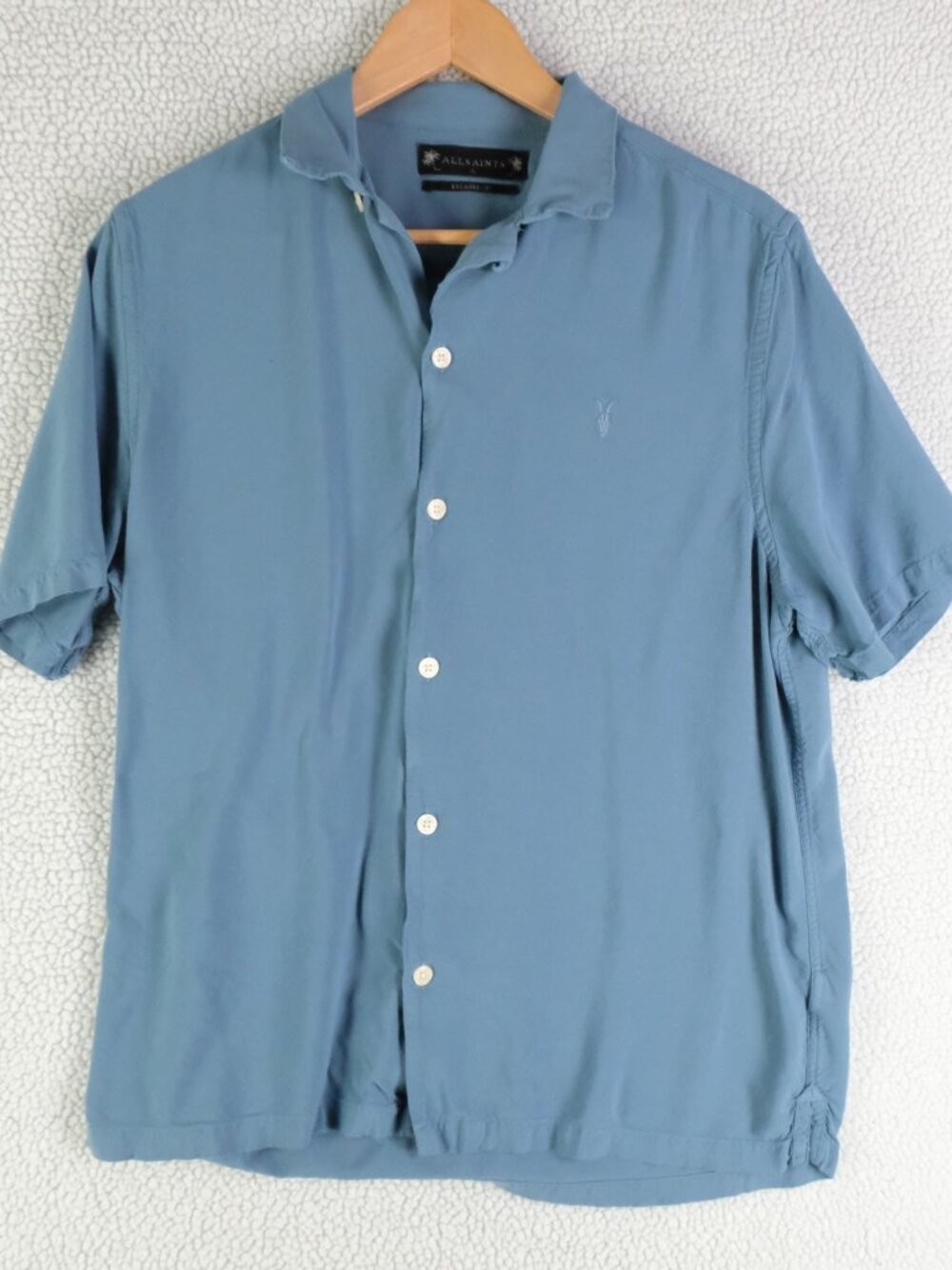 Allsaints Shirt Womens Small Blue Button Up Viscose Short Sleeve Breathable
